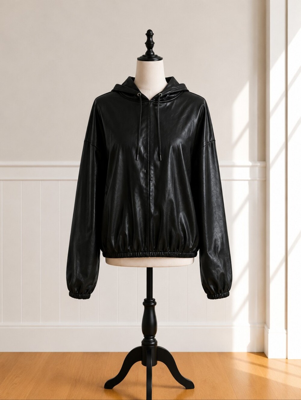 Fabletics Black Faux Leather Hoodie Jacket